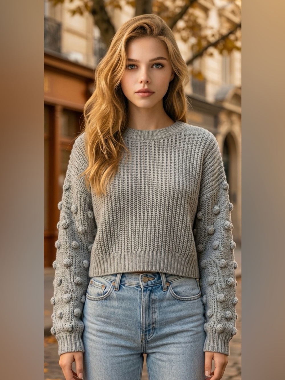 EN CRÈME Sz L chunky ribbed-knit cropped boho crewneck sweater pom-pom sleeves